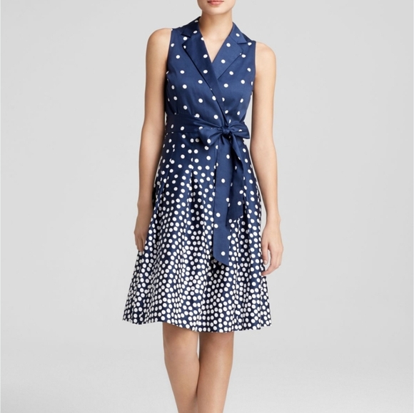 NWT Anne Klein Notch Collar Wrap Fit n' Flare Polka Dot Dress Navy Size 2 Chic - Picture 1 of 15